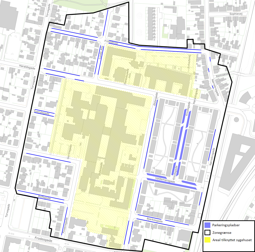 Kort over beboerlicenszonen ved Sydvestjysk Sygehus i Esbjerg (klik på billedet for at åbne i et større vindue)